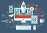 Illustration of computer and website icons.