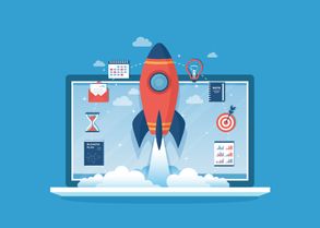 Cartoon graphic of rocket ship taking off from a laptop symbolizing website speed.