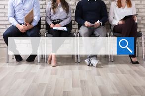 4 individuals sitting in a row. Illustration of a search bar over laying them in the image.