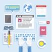 illustration of person writing a blog and using exterior resources.