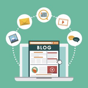 Blogging related cartoon referring to various forms of content to get backlinks,