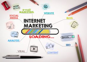 digital marketing, technology and advertising concept. Chart with keywords and icons on white background
