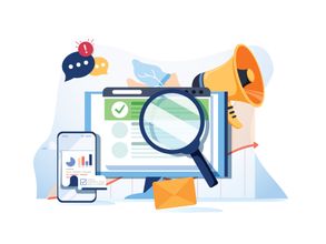 Graphic cartoon Symbolizing digital marketing and SEO audit.