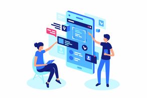 Illustration of two individuals working on a mobile device project.