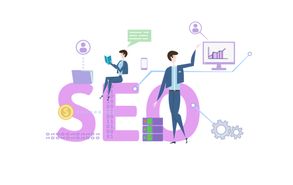 Cartoon graphic displaying the word SEO with digital marketing symbolism.